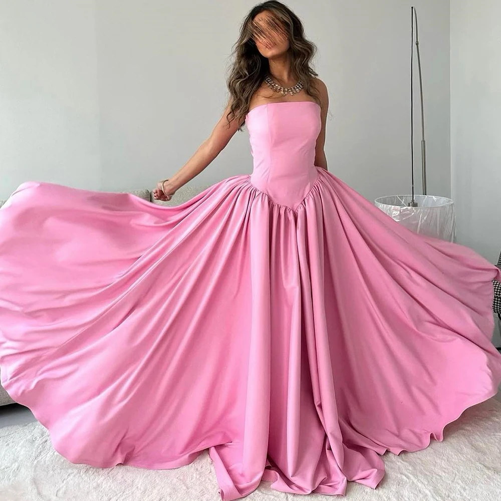 

Formal Pink Jersey Sweep Train Pleats Evening Dress Sleeveless Straight Strapless Floor Length Custom Size Vestido De Noche 2024