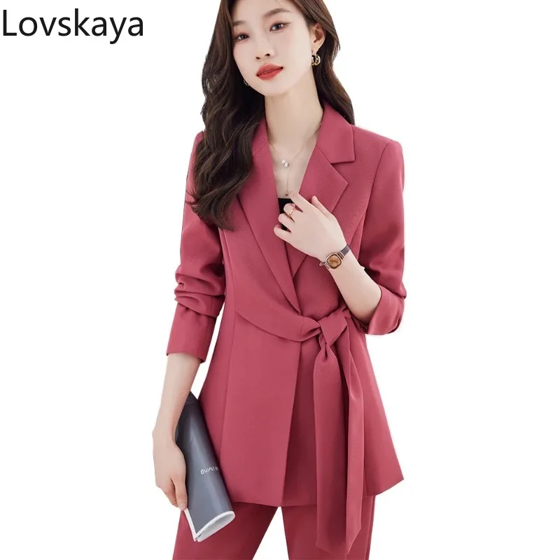 

Women Formal 2 Piece Set With Bow Jacket and Pant Suit Ladies Pink Gray Black Business Work Wear Long Sleeve Blazer Trouser