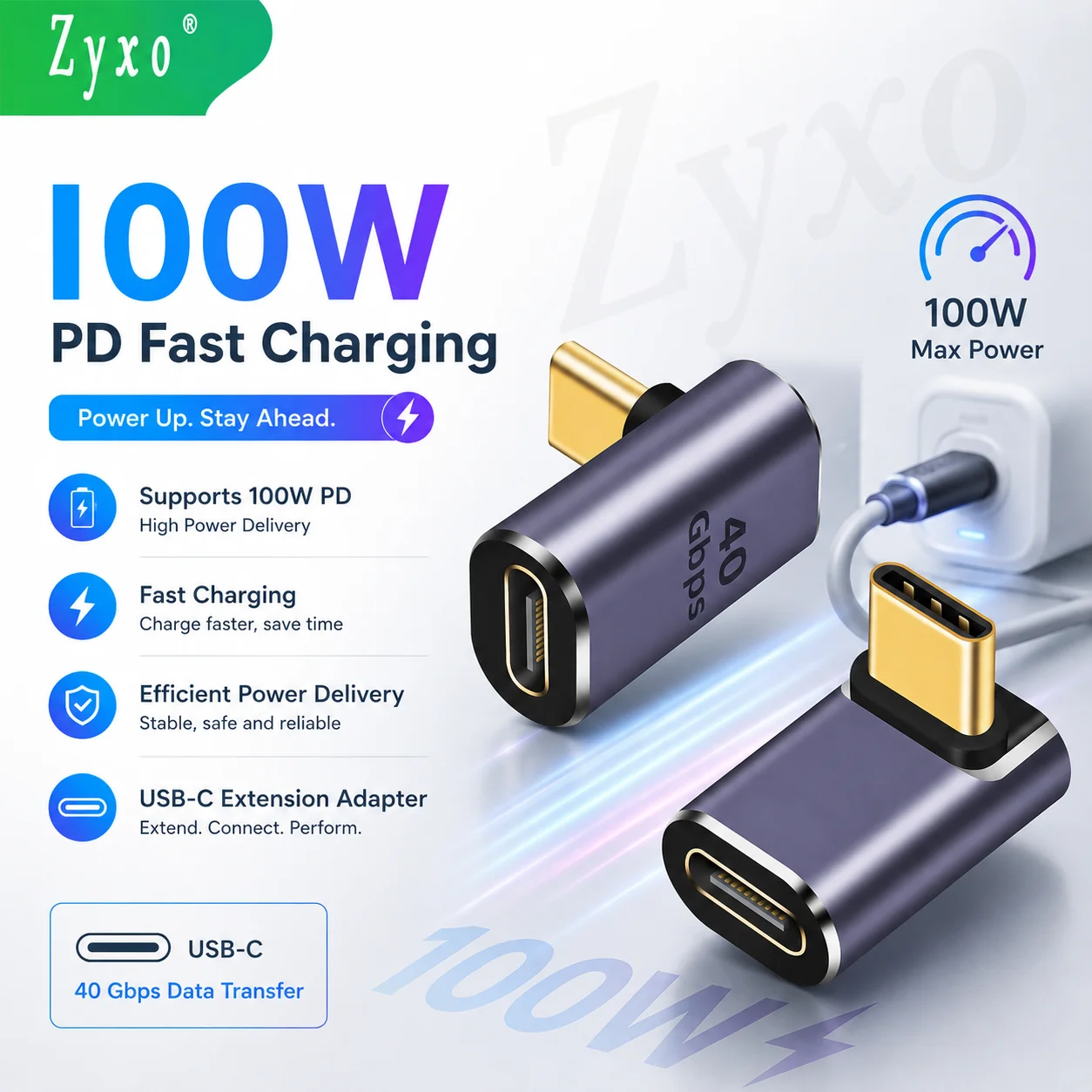 Zyxo® USB4 Type-C 90 Degree Adapter 40Gbps 100W PD 8K 60Hz USB-C Male to Female Extender for Laptop Phone Tablet