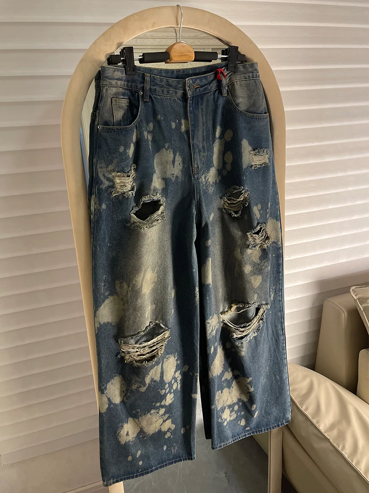 

Parisian Sle American Splatter Denim Jeans Men's Women's Vintage Ripped Loose Straight Leg Floor-Length Pants