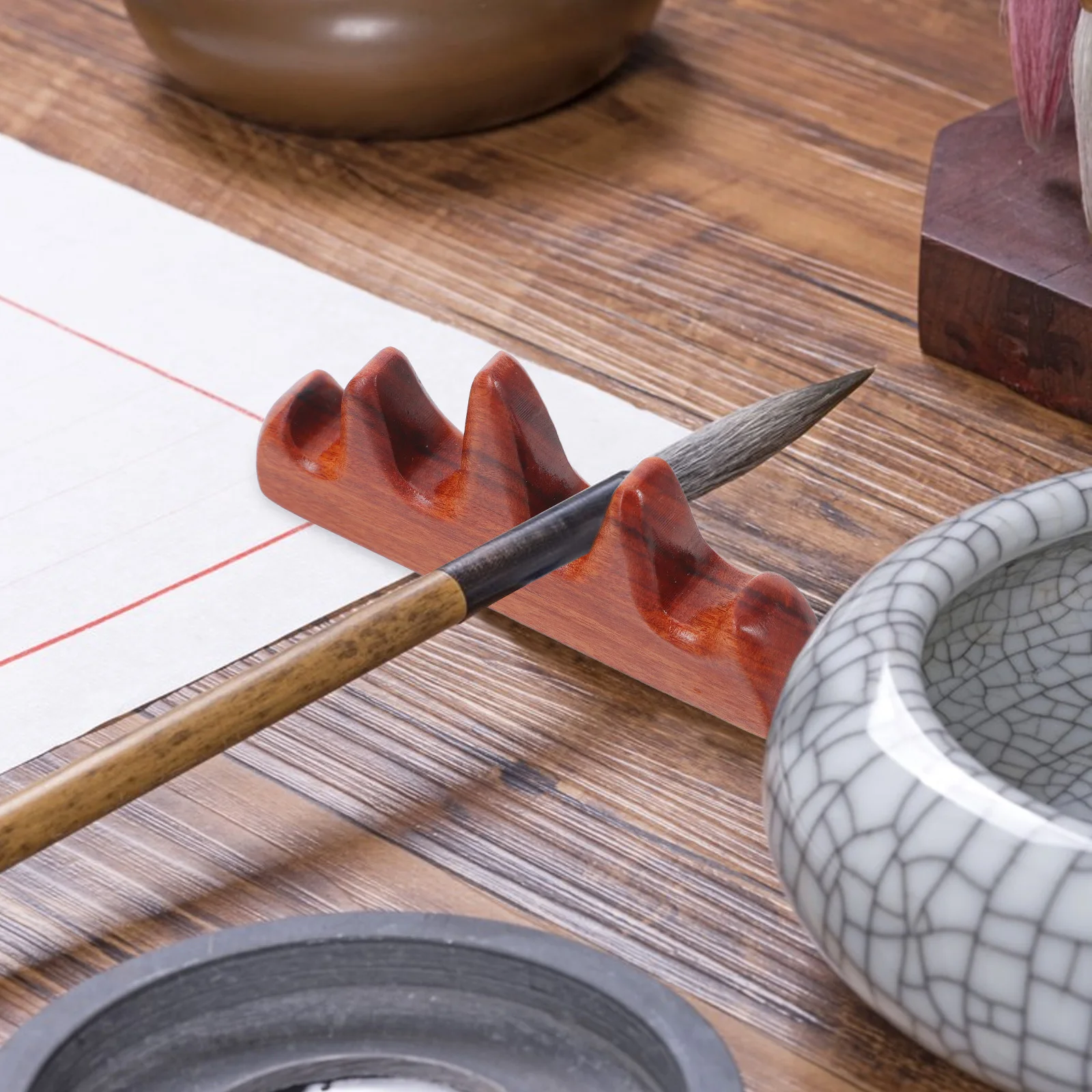 

2 Pcs Wood Brush Holder Chinese Pen Calligraphy Rest Black Catalpa Retro Artist Stands