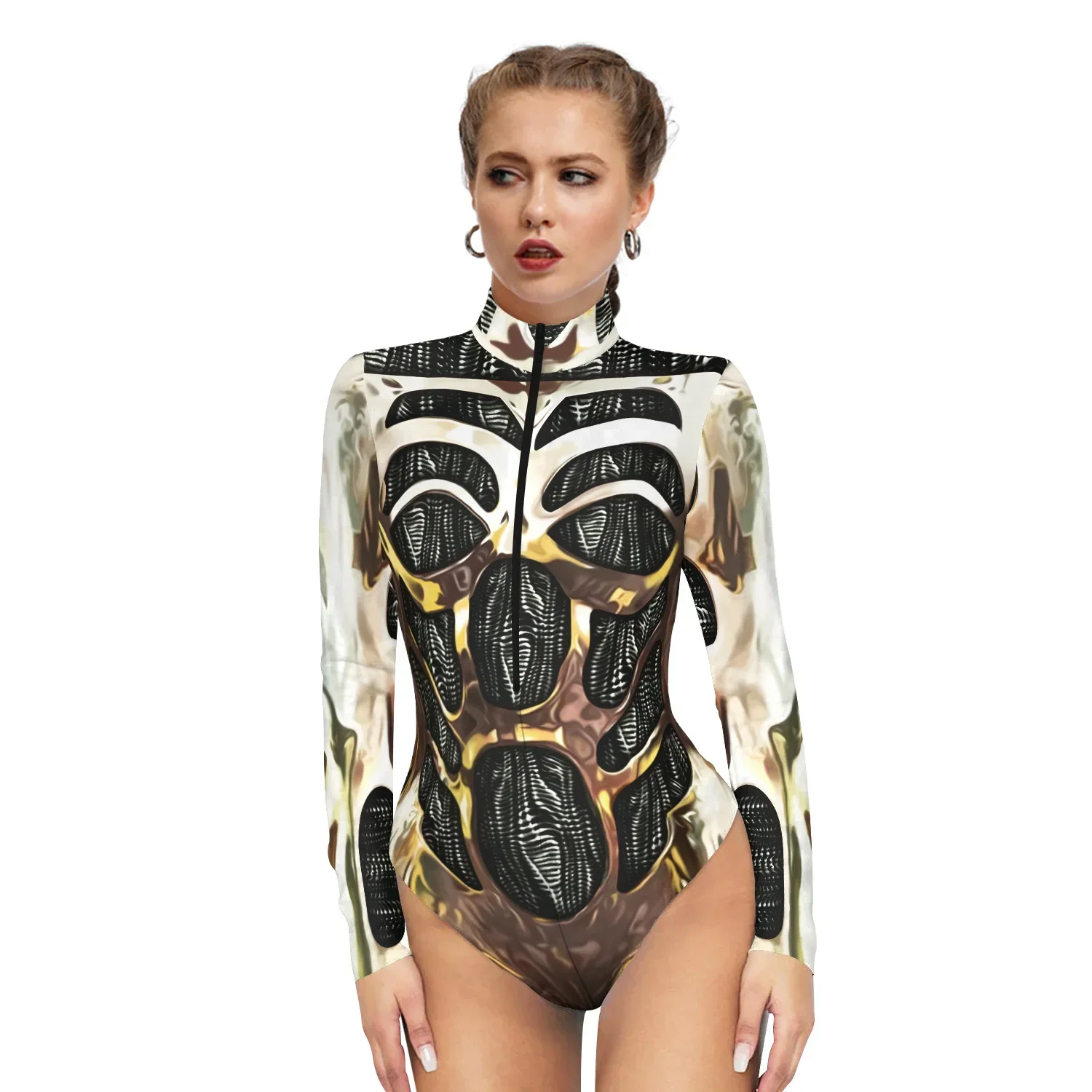 New Robot Armor Zentai 3D Digital Print Women\'s Long Sleeve Zipper Bodysuit Halloween Party Cosplay Costume