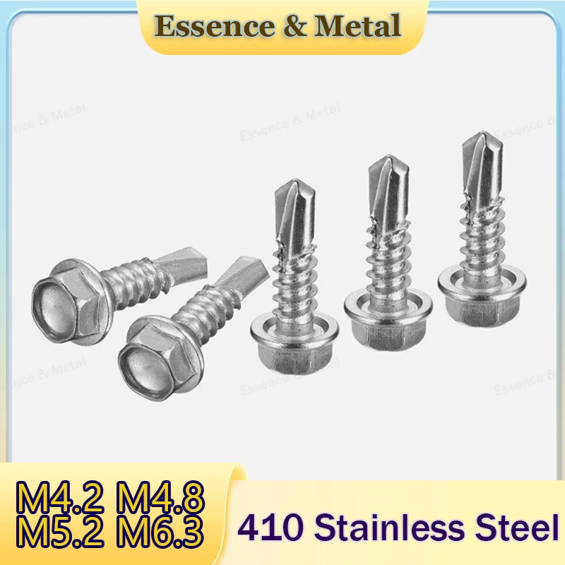 1-50PCS 410 Stainless Steel Hexagonal Washer Head Self-Tapping Screws M4.2M4.8M5.2M6.3 Hexagonal Flange Head Self-Tapping Screws