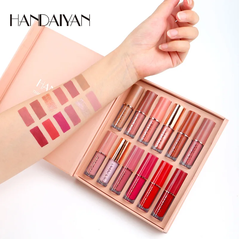 HANDAIYAN 12 Colors Matte Pearlescent Fine Shimmer Lip Glaze Waterproof Transfer-resistant Non-stain Cup Liquid Lipstick Set