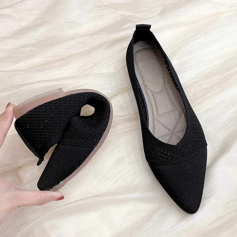 Stretch Knit Ballet Flats Women Loafers Spring Breathable Mesh Flat Shoes Ballerina Moccasins Casual Pointed Toe Boat Shoes