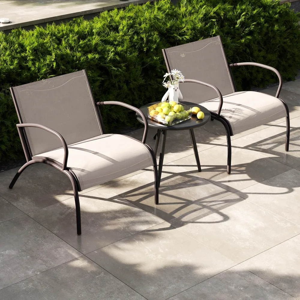 

3 Piece Patio Chair Set w/ Curved Fabric Seat Round Coffee Table for Backyard