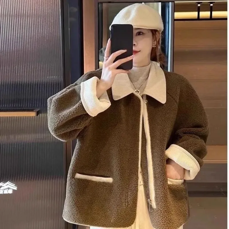 

Contrast Color Lapel Lamb Coat Autumn and Winter Loose Zipper Long-sleeved Casual Fashion Top