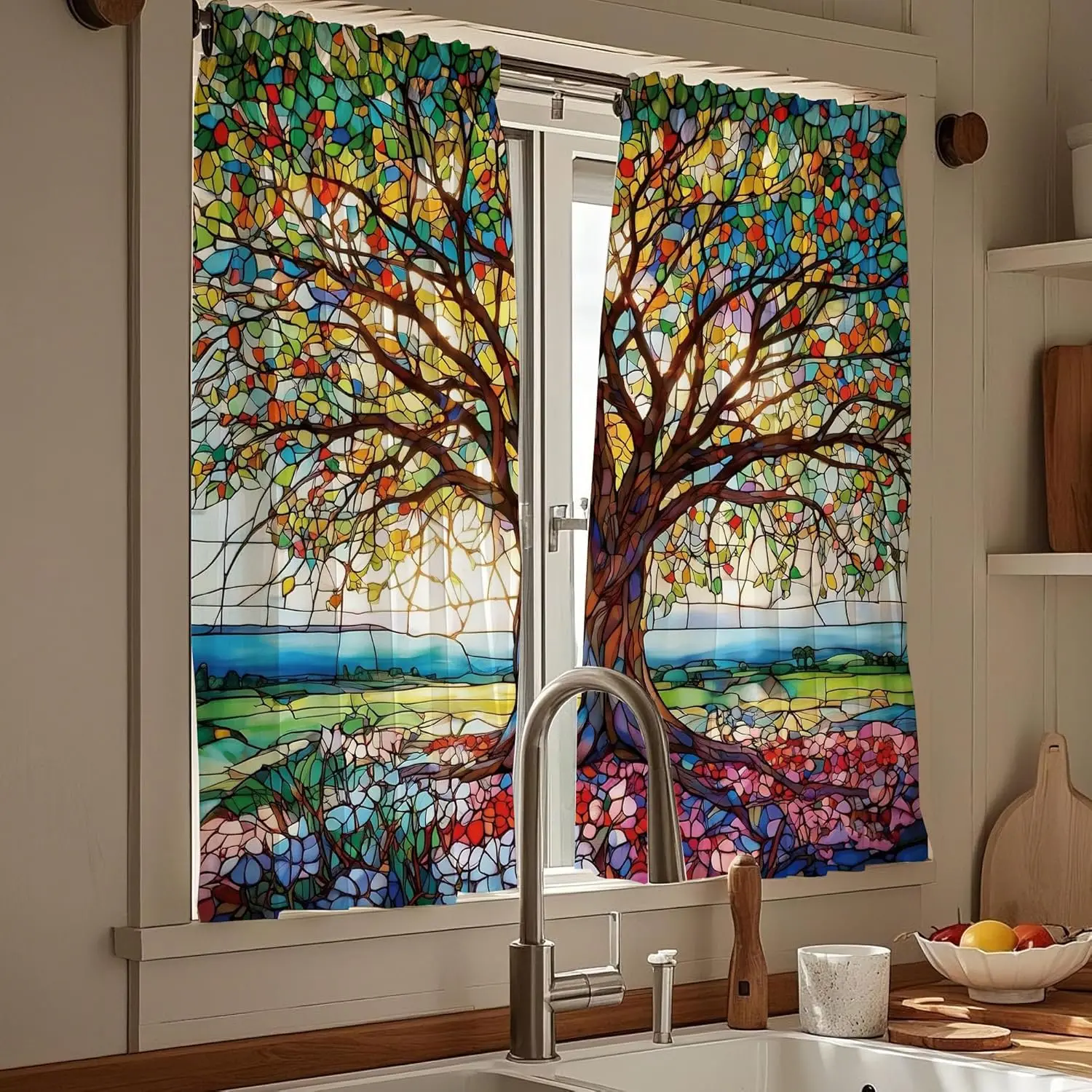 Boho Stained Glass Tree Colorful Kitchen Window Curtains Over Sink 36 inches Nature Spring Cafe Curtain Small Short Bathroom
