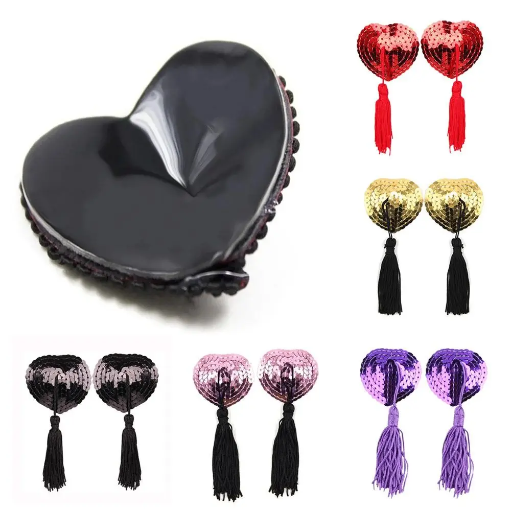 1 par de sutiã em forma de coração com lantejoulas, reutilizável, autoadesivo, borla, pastéis de silicone para mulheres, sutiã de peito, capas de
