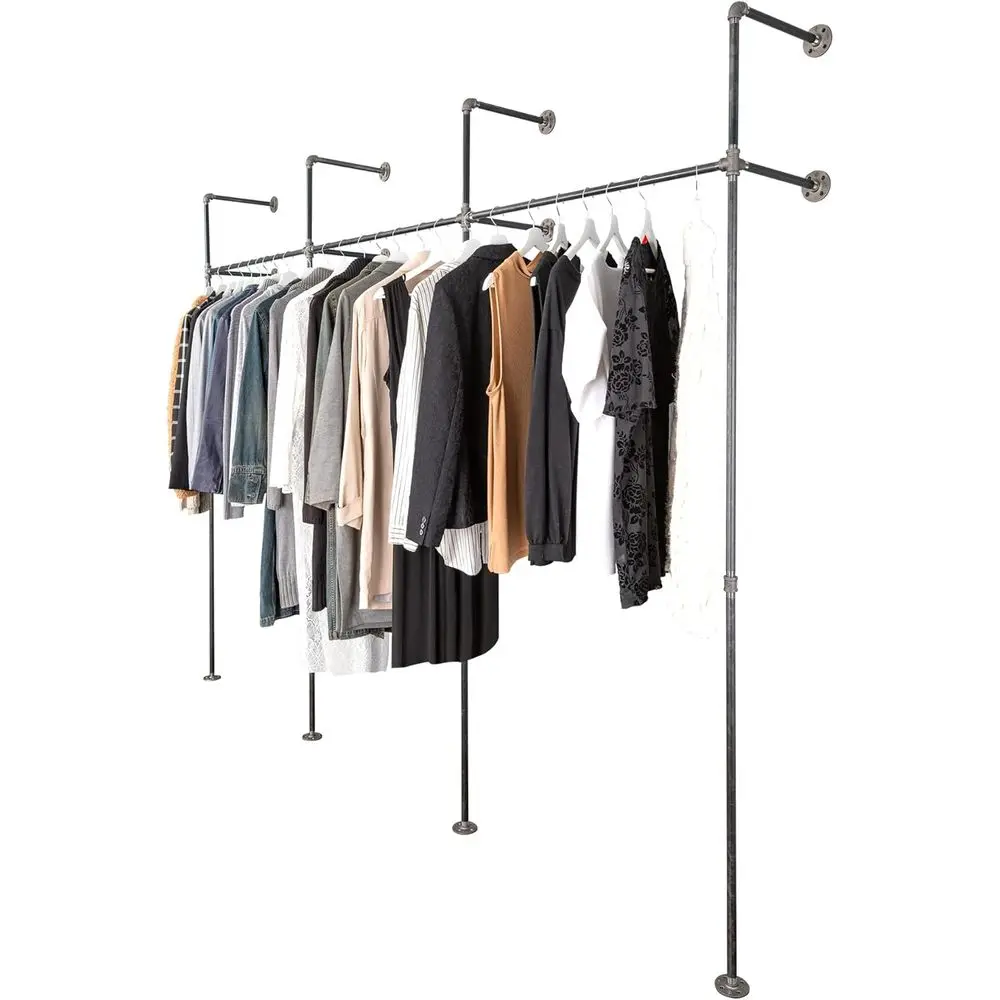 

Industrial-Grade Wall & Floor Mounted Clothing Rack, 115 W x 87.5 H, Black Steel, Suitable for Home and Retail