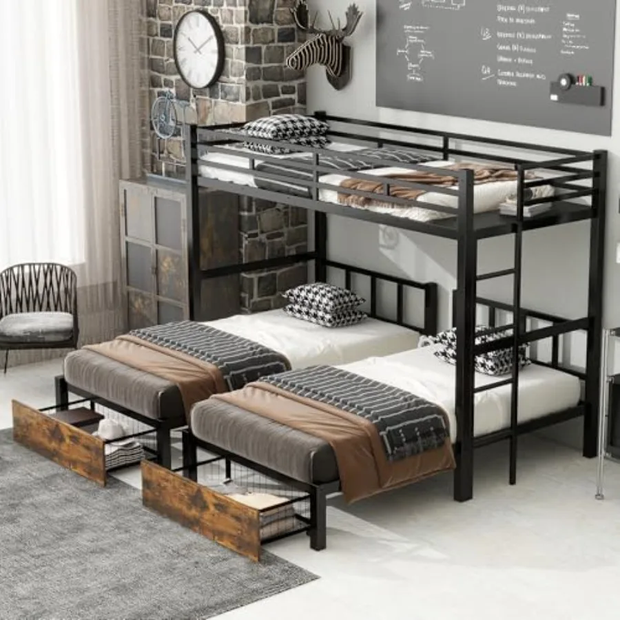 Triple bunk bed for kids: detachable Twin XL over Twin over Twin metal frame with guardrails, ladder under-bed storage; convert