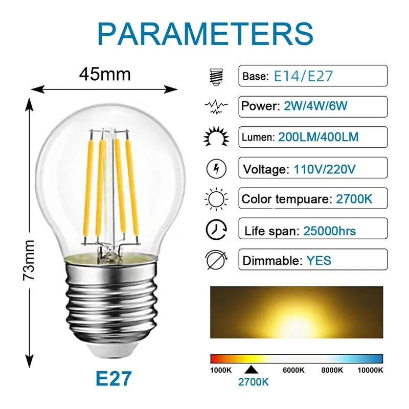 1-100PCS/Super Bright LED Candle bulb G45 vintage lamp E14 LED E27 AC220V 240V LED Globe 2W 4W 6W Filament Edison LED Light Bulb