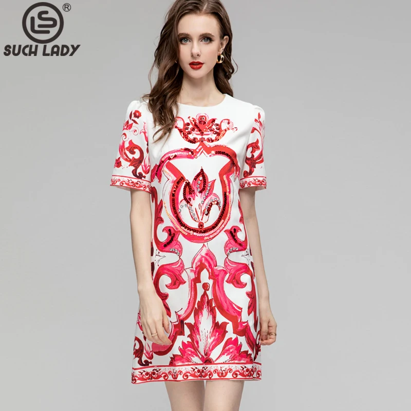 

Women's Runway Dresses O Neck Short Sleeves Printed Beadeing Elegant High Street A Line Mini Vestidos