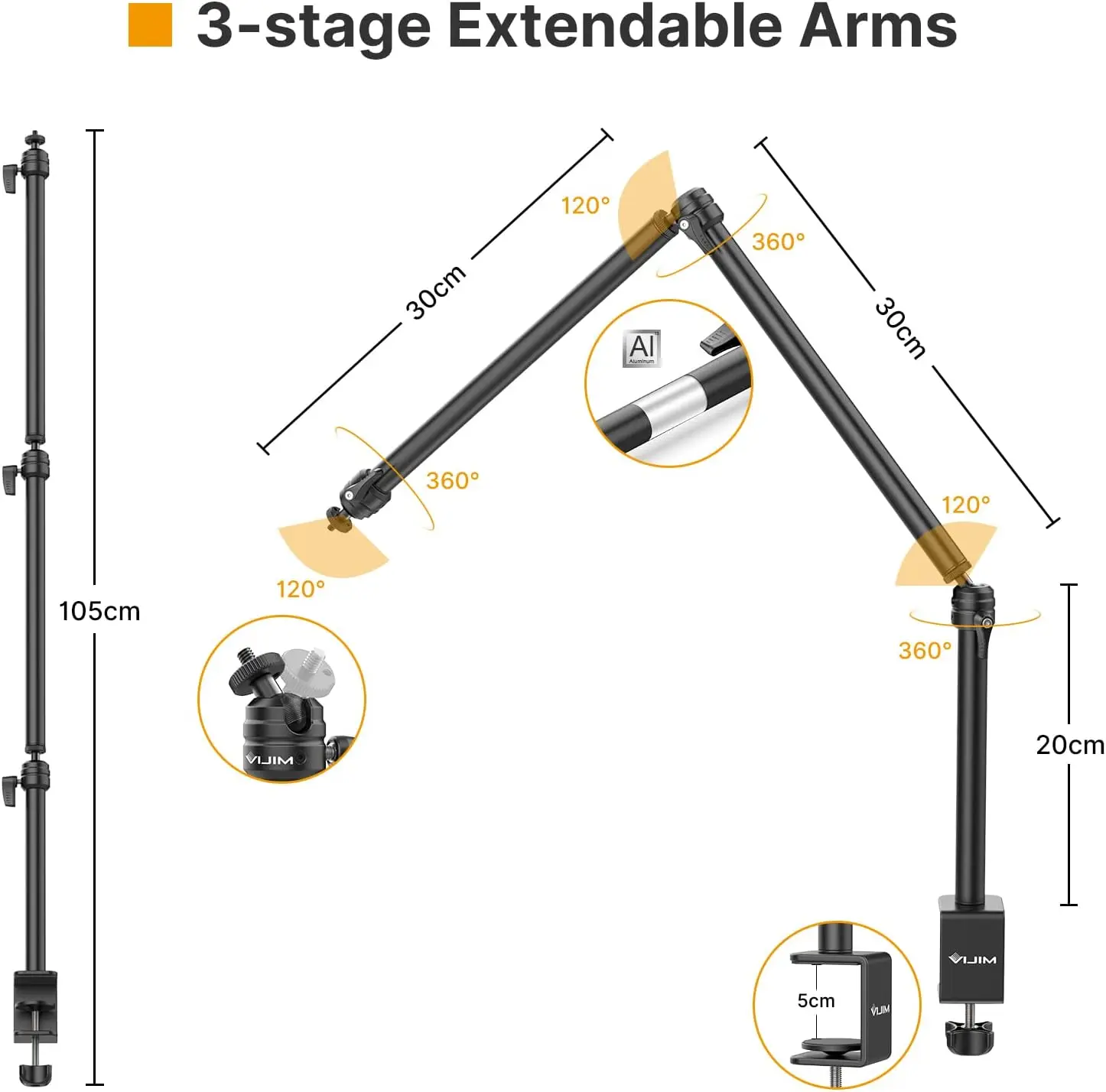 LS08 Flexible Overhead Camera Mount Desk Stand, Webcam Stand Microphone Boom Arm Tabletop Photography Videography Live