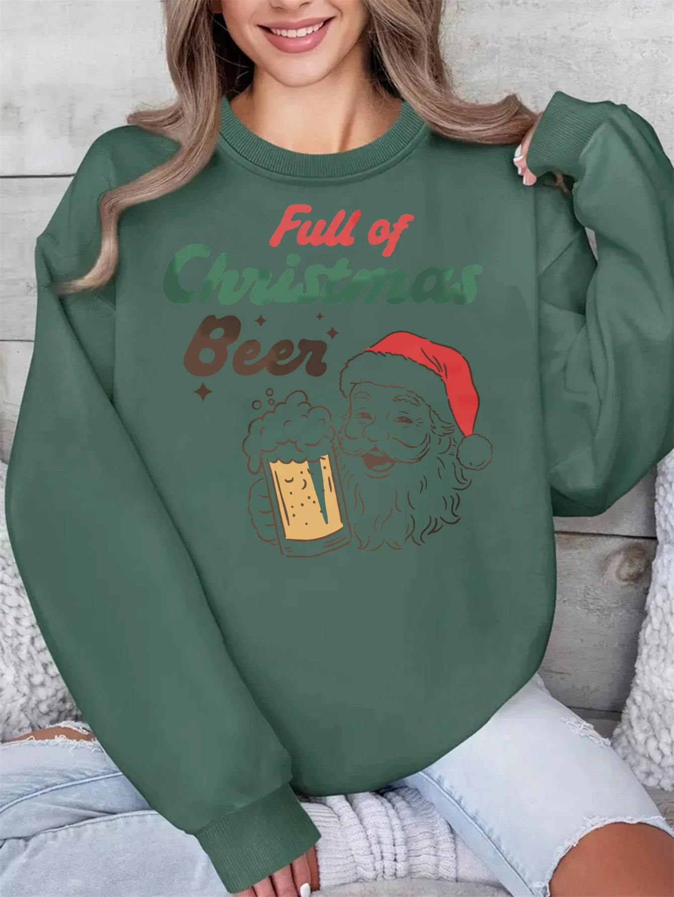 

Ретро Санта-Рождество с сублимационной графикой, модный женский и мужской пуловер с круглым вырезом, красный, зеленый, хлопок для зимы, рождественского стиля