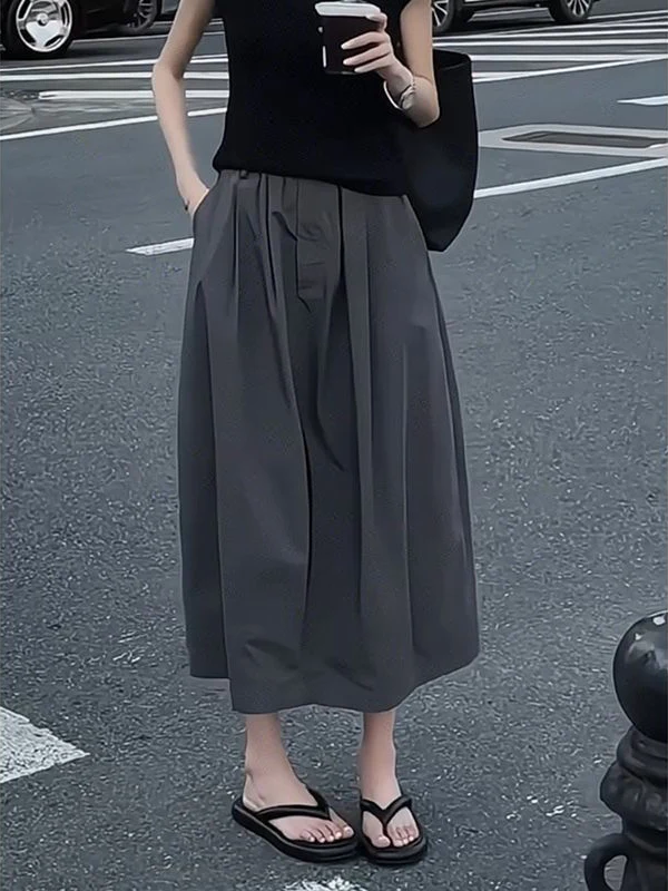 Falda acampanada de cintura alta para mujer, novedad de verano, cintura elástica, ropa de trabajo informal adelgazante, falda por debajo de la rodilla Ele Commute
