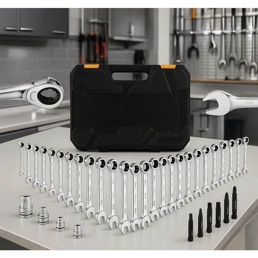 

33 Piece Ratchet Wrench Set with SAE and Metric Sizes 72 Tooth Gear Design CR-V Steel Organizer Case for Mechanics and DIY