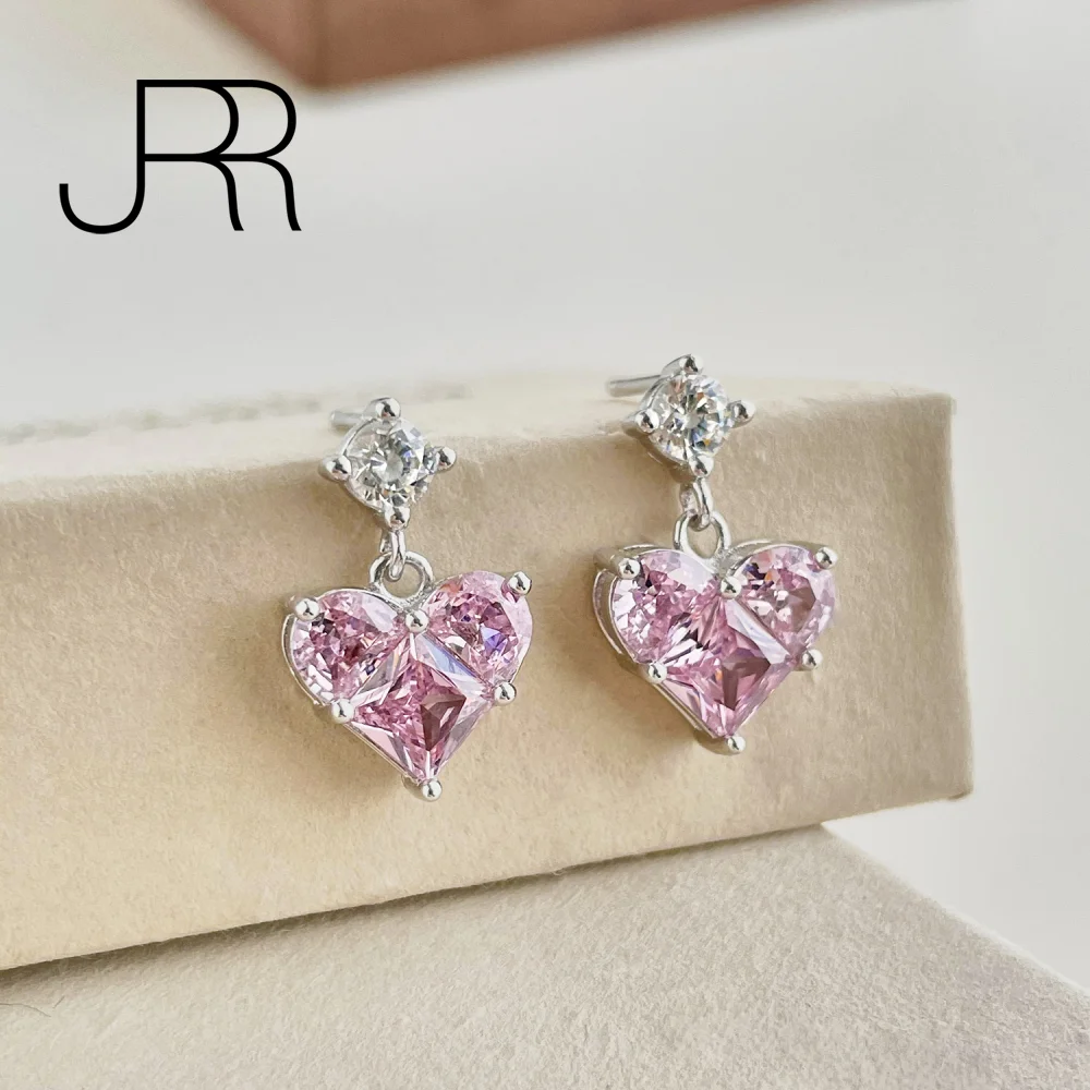 JRR Unique Sweet Pink Herat design 925 Sterling Silver 5A Created Moissaniate Earring Fine Jewelry Girl's Gift Free Shipping