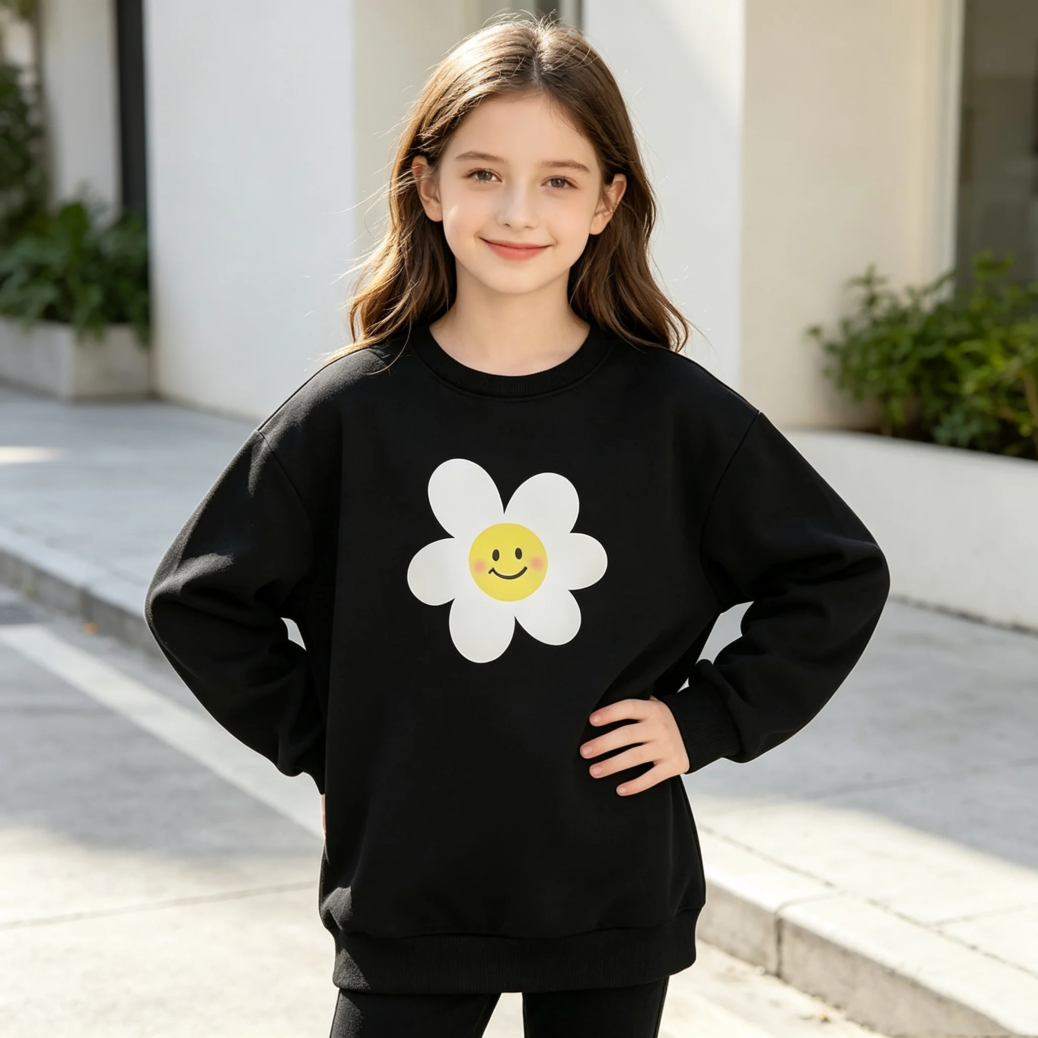 Children's Flower Printed Hoodie Long Sleeve round Neck Casual Elegant Top for Autumn Winter Seasonal Clothing