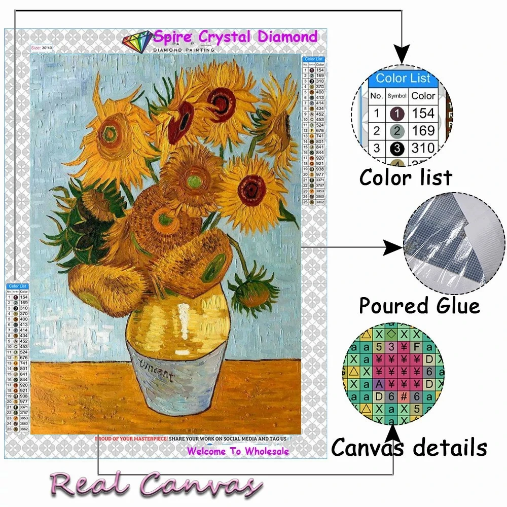 Vincent Van Gogh 5D AB Drills Diamond Painting Starry Night Sunflower Colorful Comic Oil Art Cross Stitch Mosaic Home Decor Gift