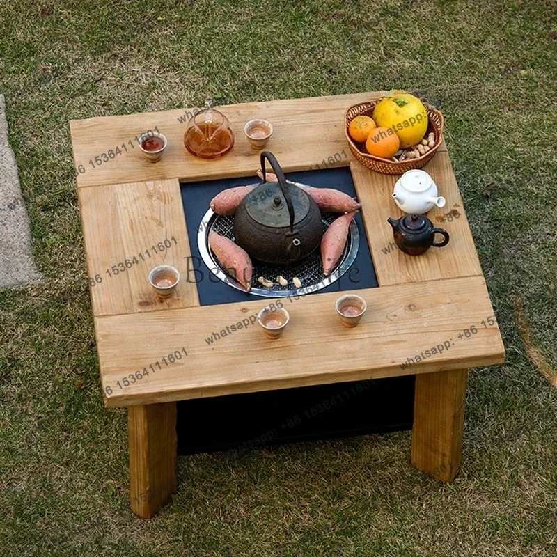 الخشب الصلب في الهواء الطلق موقد الشاي شرفة طاولة شاي مربع التدفئة الجدول النار طاولة القهوة متعددة الأغراض #1
