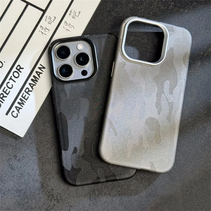 Abstract Camouflage MagSafe Leather Phone Case for iPhone 16 15 16Pro Max 13 14 Pro 12 Wireless Charging Alloy Lens Armor Cover