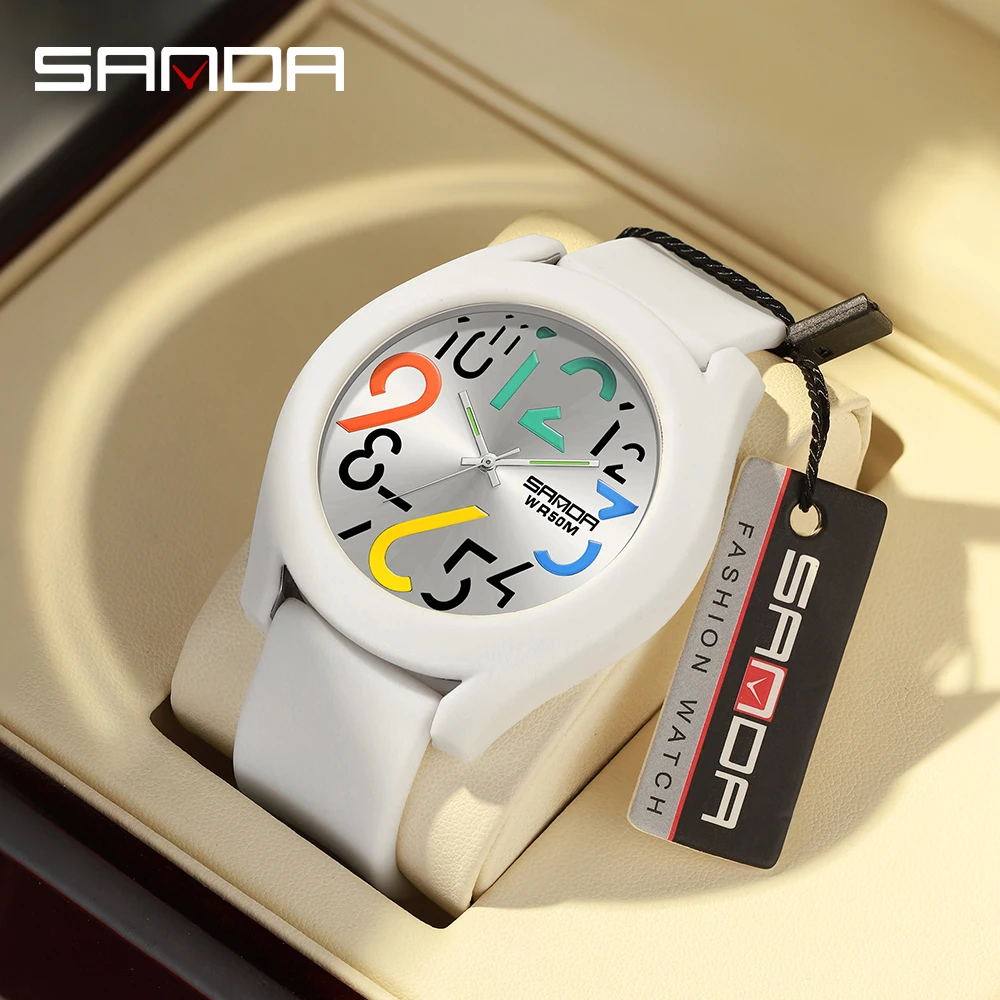 

SANDA 9021 2025 новые модные белые повседневные кварцевые часы мужские часы с силиконовым ремешком водонепроницаемые часы креативные простые часы для девочек