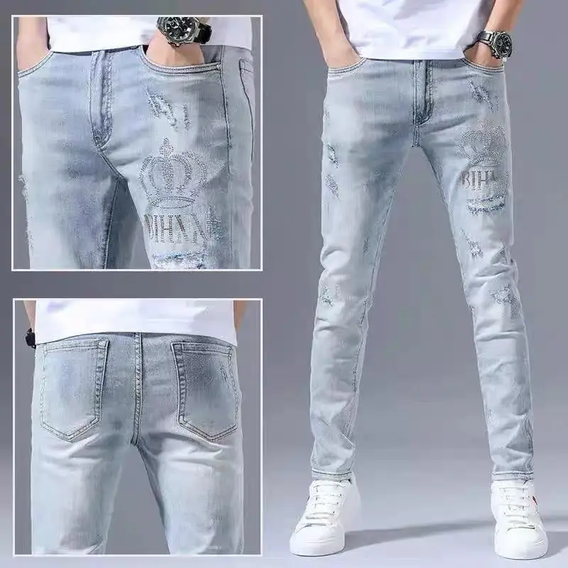 Fashion Spring and Autumn Jeans Men Luxury Slim Fit Jeans Casual Men's Pencil Pants Denim Hole Hot Diamond Streetwear Blue Jeans