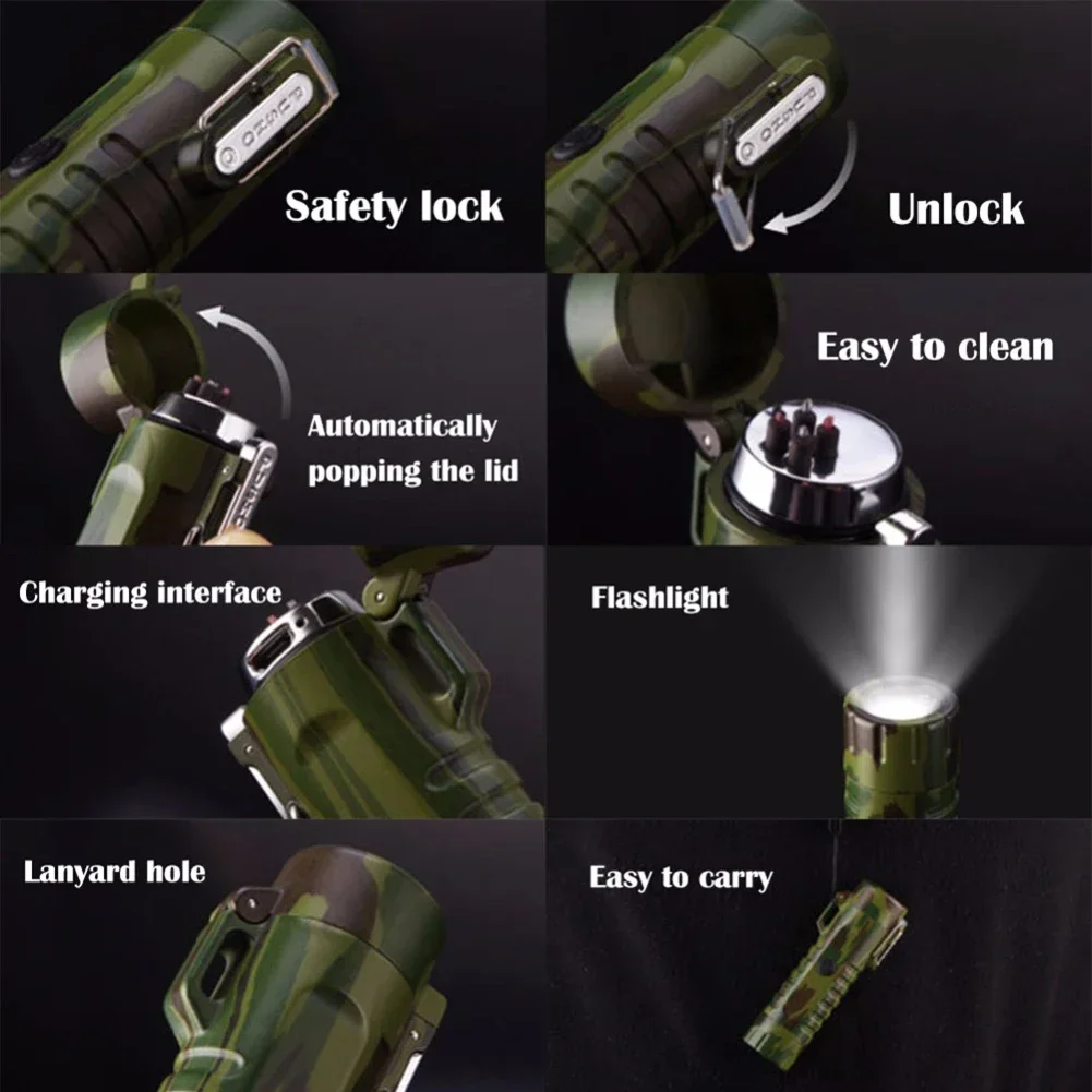 Multifunction Dual Arc Electronic Lighter Outdoor Survival Compass Flashlight Waterproof Windproof USB Rechargeable Dual Lighter