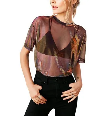 مثير شبكة المحملة انظر من خلال النساء تي شيرت قصيرة الأكمام س الرقبة بلوزات فضفاضة منظور تألق الصيف عادية الإناث Vintage القمم #2