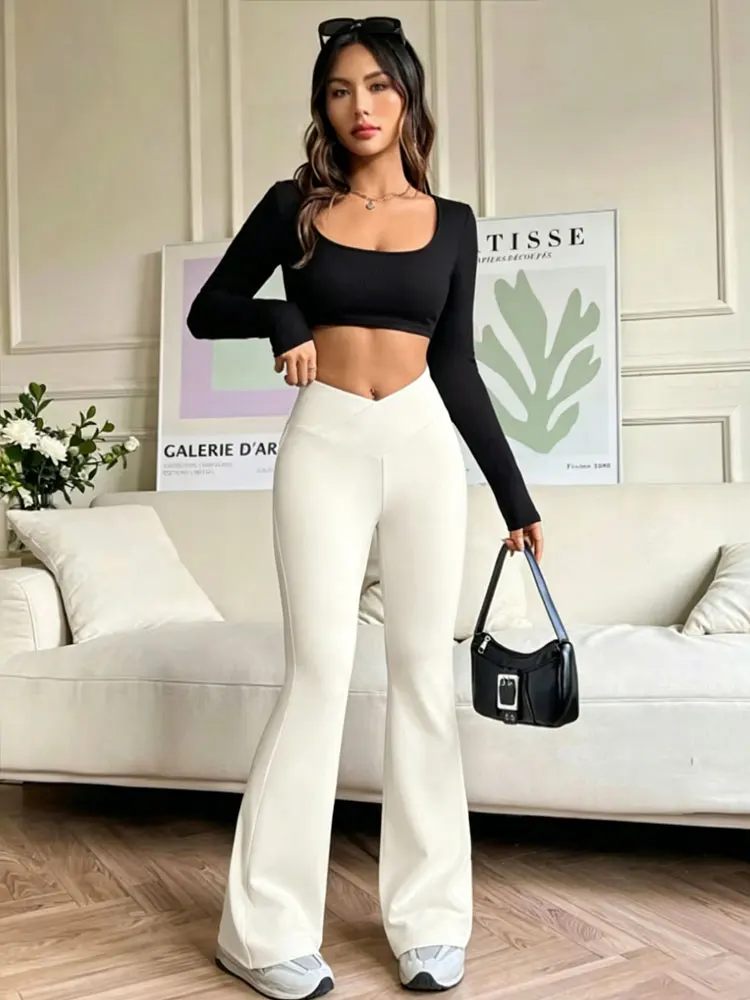 V-Taille Schlaghose für Damen, Hochgeschnittene Slim-Fit Schlaghose, Schlanke Lange Weiße Leggings, Weite Hose für Schlanke Figur – Detail 5