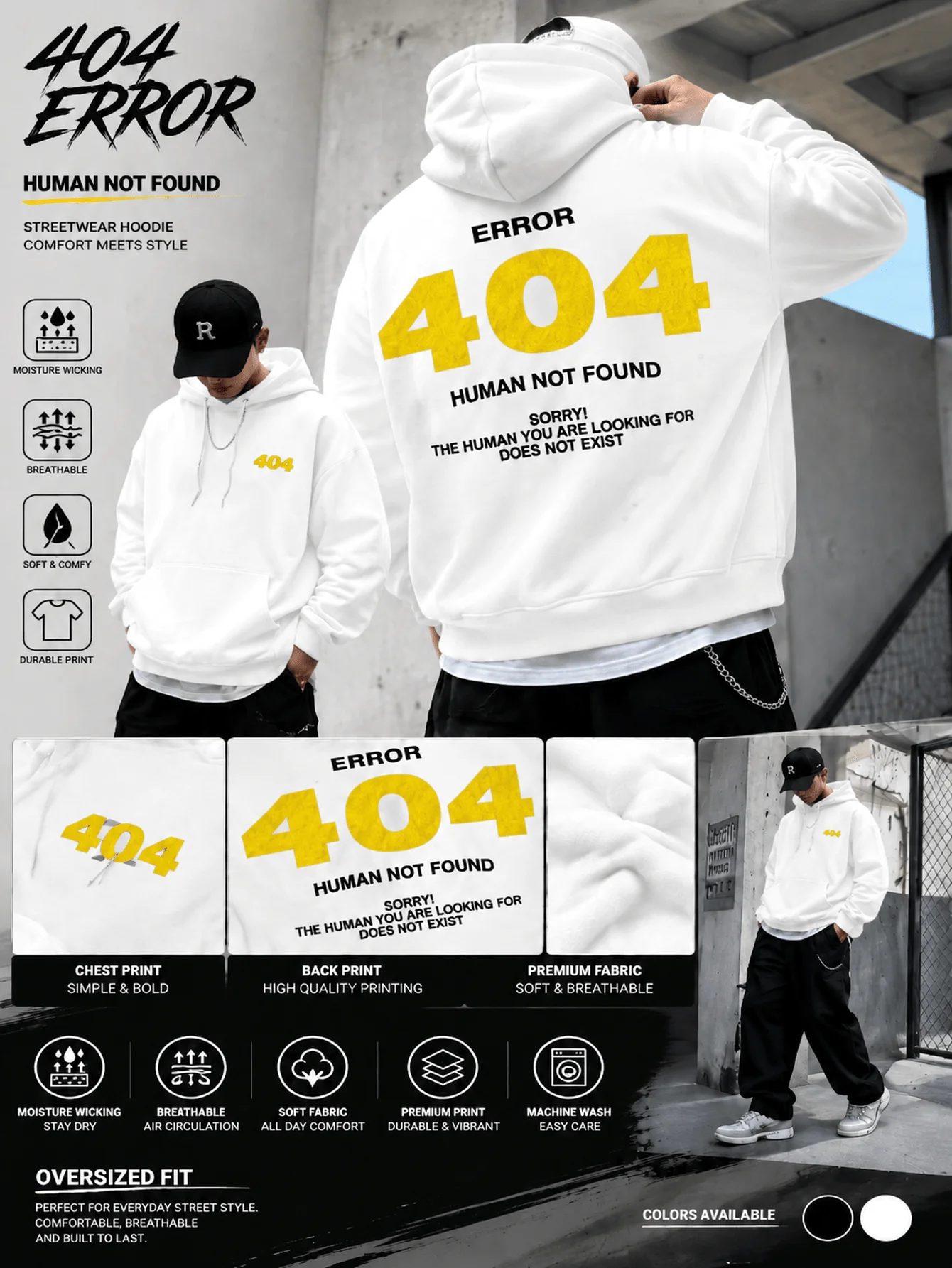 404 Error Street Style Hoodie, Comfortable, Breathable, Fashionable, Suitable for Both Men and Women, Trendy Printed Design