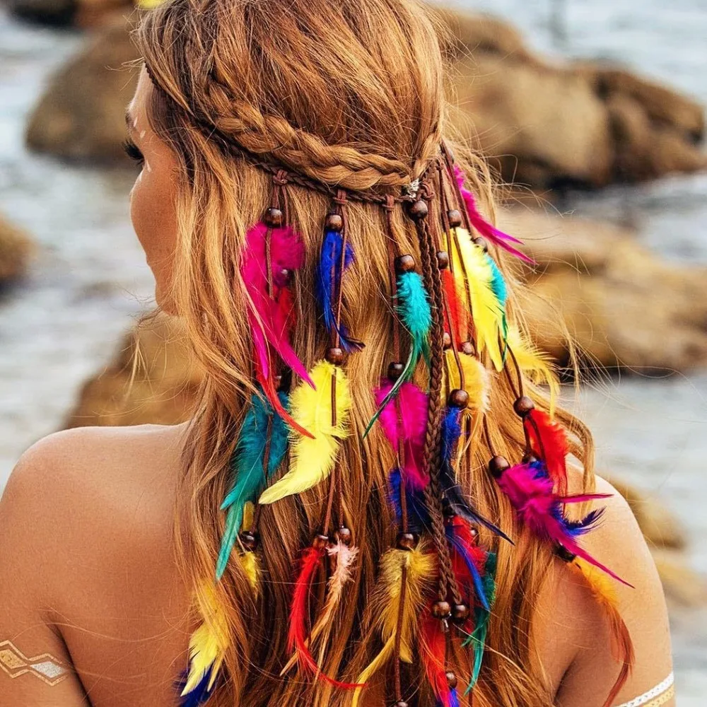 

Элегантная повязка на голову с кисточками и перьями, регулируемый головной убор в стиле бохо с бисером, богемный Радужный индийский повязка на голову для фотографии, выпускного вечера