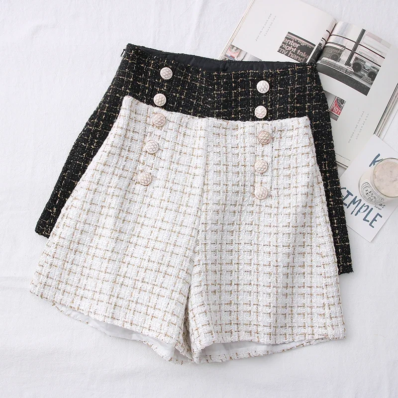 

ITOOLIN Women Vintage Tweed Shorts Casual Plaid Button Office Slim A-line Shorts Autumn Women High Waist Wide Leg Shorts 2024