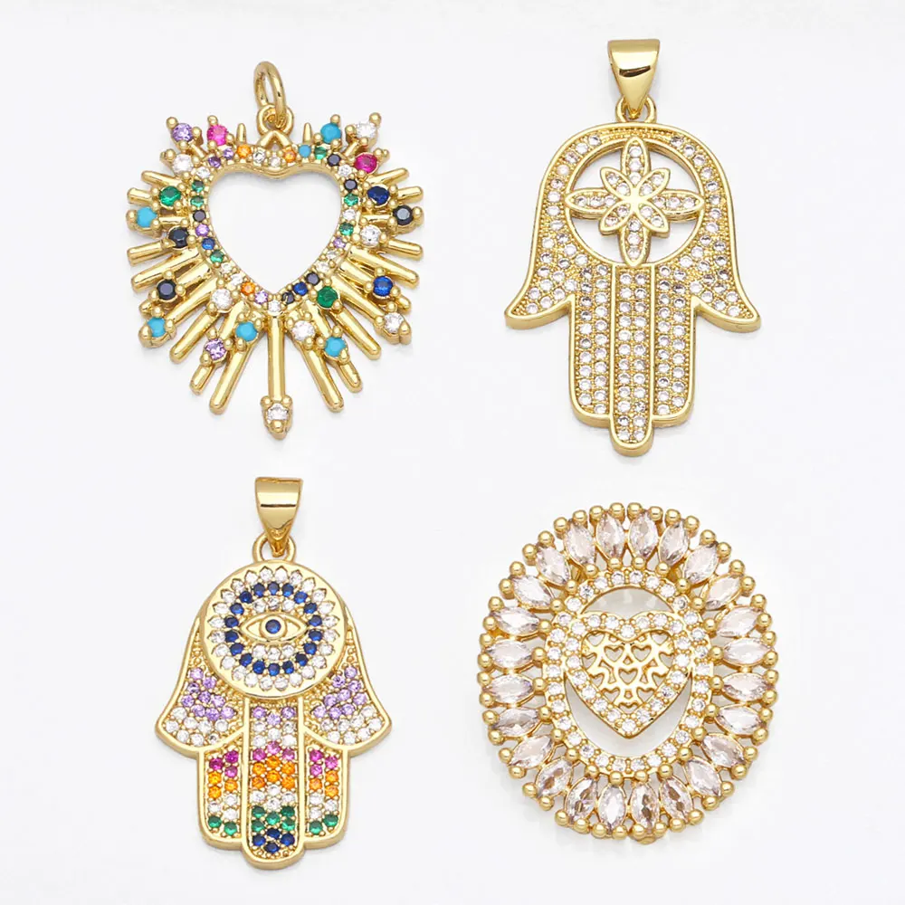 OCESRIO Large Fatima Hand Hamsa Necklace Pendants Gold Plated Copper Zircon Components for Jewelry Making pdta659