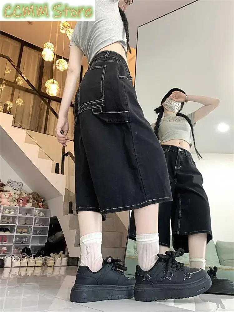 Summer Tyle Women's Black Regular Cropped Jeans Cool Girl Wide Leg Denim Shorts Female High Waist Loose Retro Capris Pants