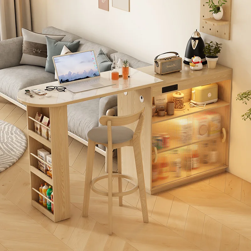 Bar table integrated household living room solid wood color small apartment island table retractable locker