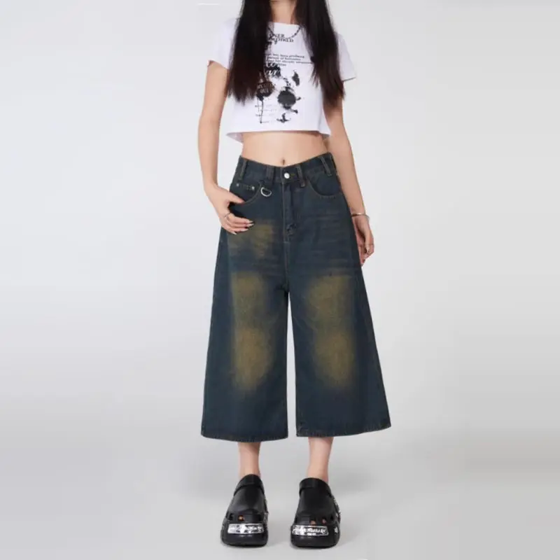 Baggy A-line Jeans for Women Retro Straight Wide-leg Denim Shorts Casual Seven-pointed Pants Plus Size Clothing Streetwear