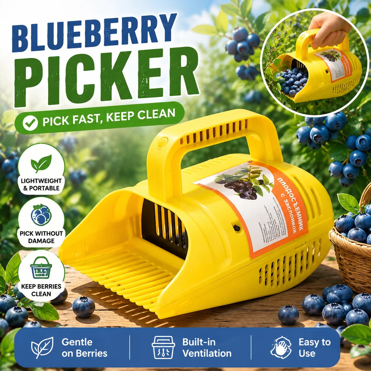 Handheld Blueberry Picker Berry Harvesting Tool Labor-Saving Fruit Collector With Comfort Grip Handle For Small Berries