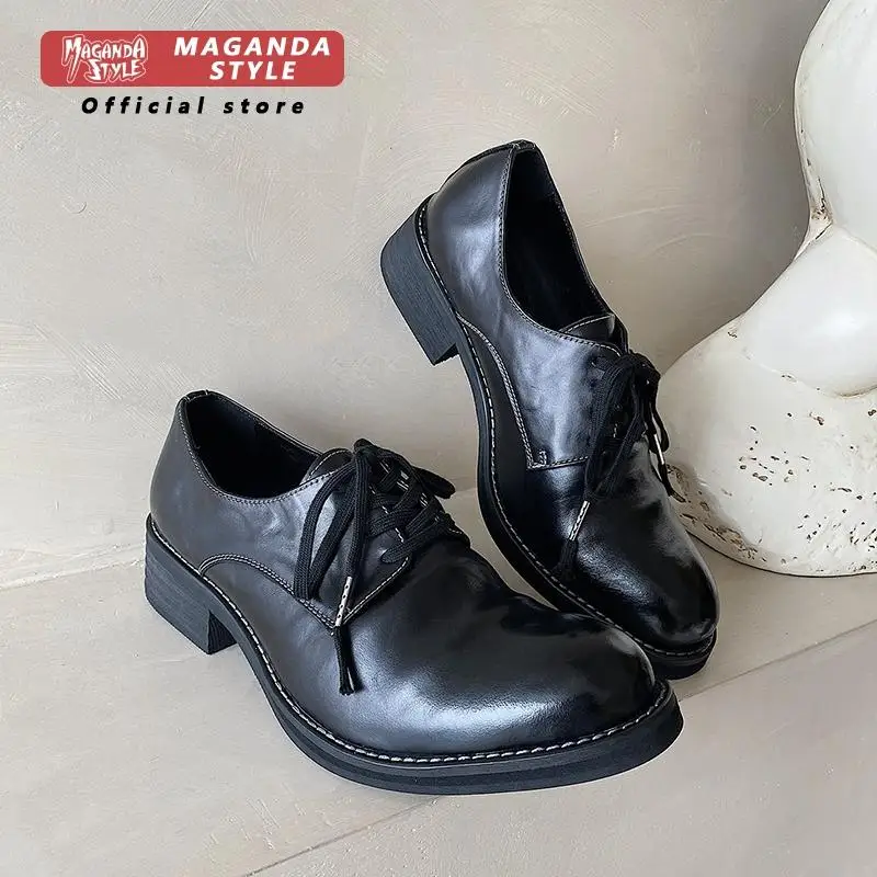 Mango head washed cowhide derby shoes men's new leather thick sole pointed toe upturned commuting formal dress shoes