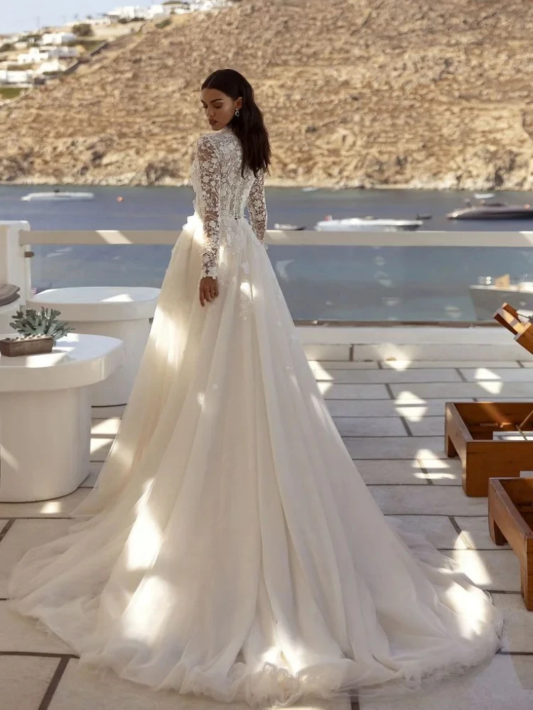 Robes de mariée modestes à col haut, personnalisées, style Boho, manches longues, avec des appliques en dentelle, robe de mariée