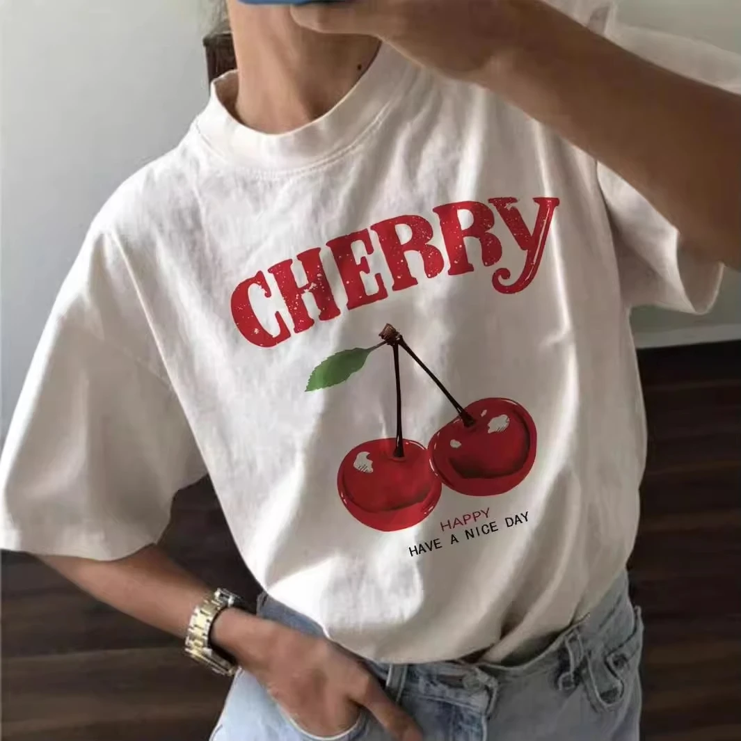 2026 Niche Cherry Pure Cotton Printing Short-sleeved Round Neck Pullover Top Fashion Trend Brand