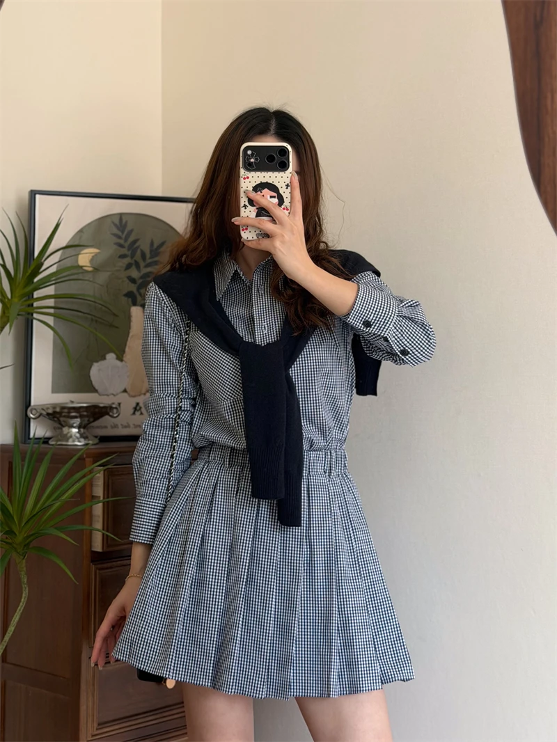 

Miu Girl Blue White Grid Woolen Shawl Shirt Dress Women Slim Waist Gathered Skirt Long Sleeve V Neck Casual Style