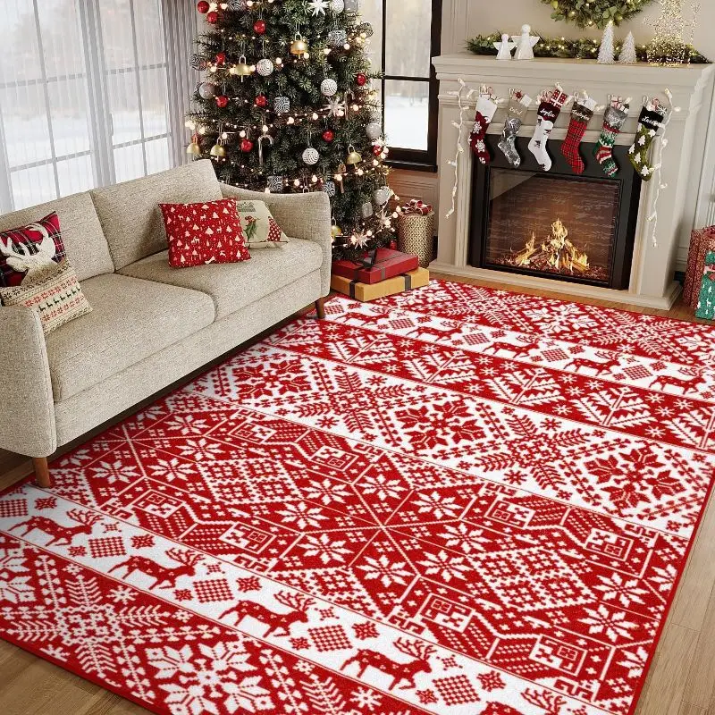 Red Christmas Folk Art Area Rug Non-Slip Reindeer Snowflake Floral Xmas Carpet Living Room Bedroom Indoor Holiday Floor Mat
