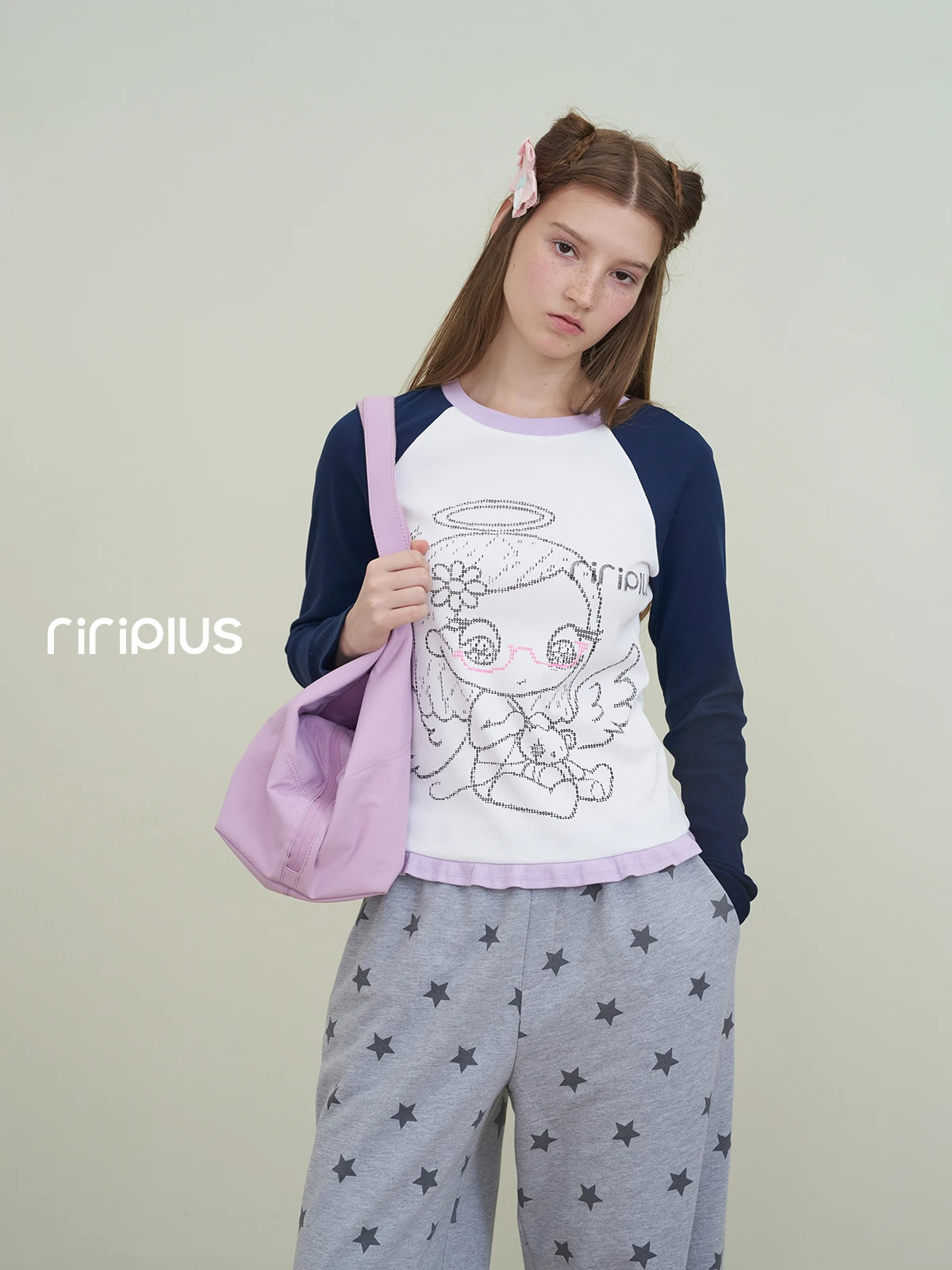 Riverstone plus Floral Print T-Shirt Women's Autumn New Color Collision Lace  Top Collaborative Work Girl's Fashion