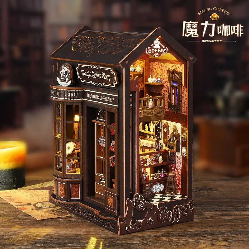 Diy livro nook prateleira inserir kits magia café estante de madeira modelo em miniatura kit artesanal estante para amigo presente aniversário