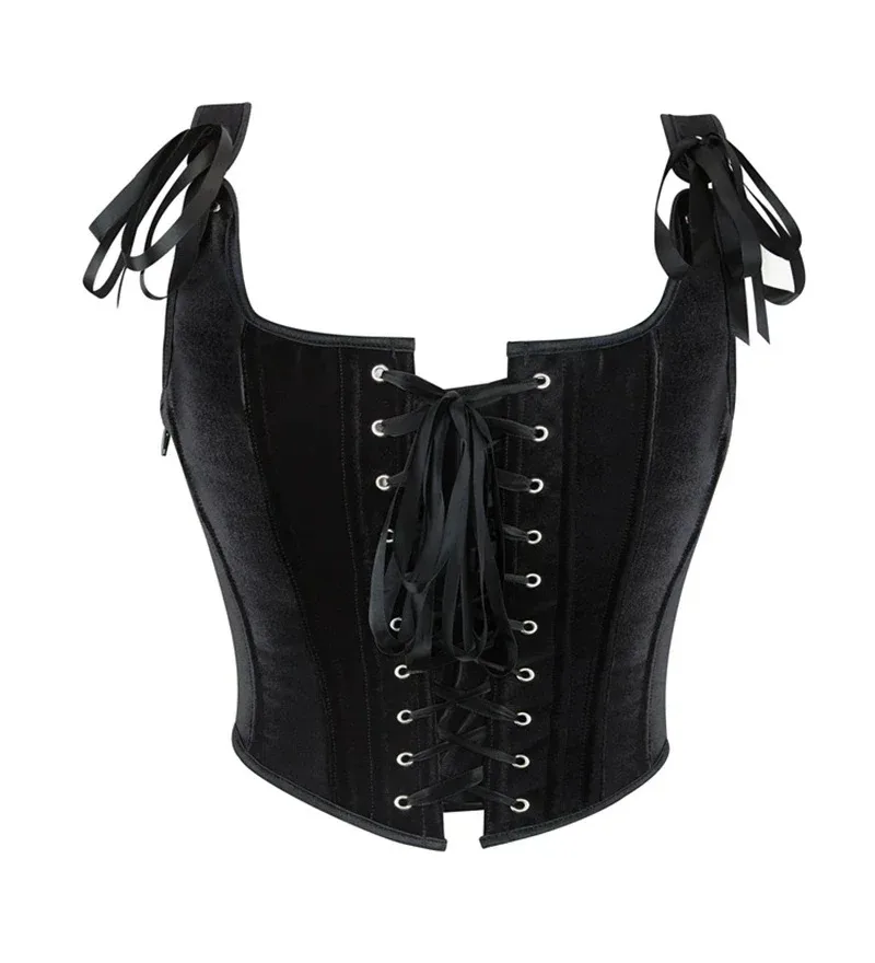 

Черный бархатный сексуальный корсет с завышенной талией, укороченный топ, женский корсет на шнуровке спереди, боковая молния, плечевой ремень, бюстье, жилет для похудения, майки
