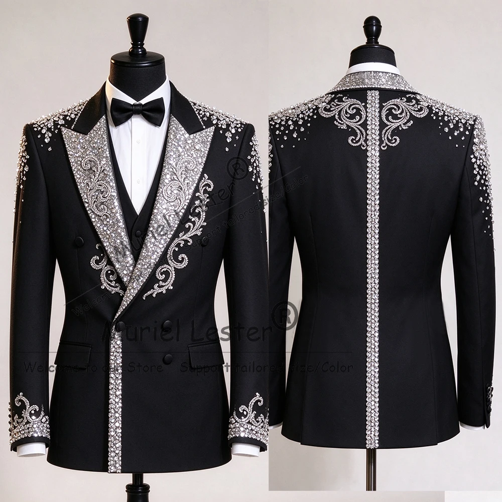 Exquisite Groom Wedding Tuxedo Suit For Man Sparkling Sequine Beaded Stones Prom Blazer Waistcoat Pants 3 Pcs Trajes Para Hombre