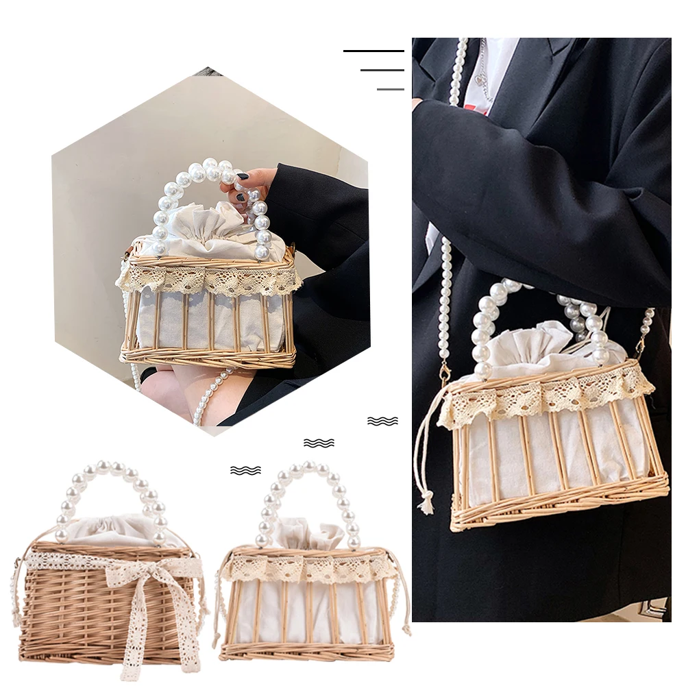 Kleine Strand handtaschen Frauen Sommer taschen Mode Rattan gewebte Spitze Perlen korb Schulter Frauen Kordel zug Einkaufstaschen