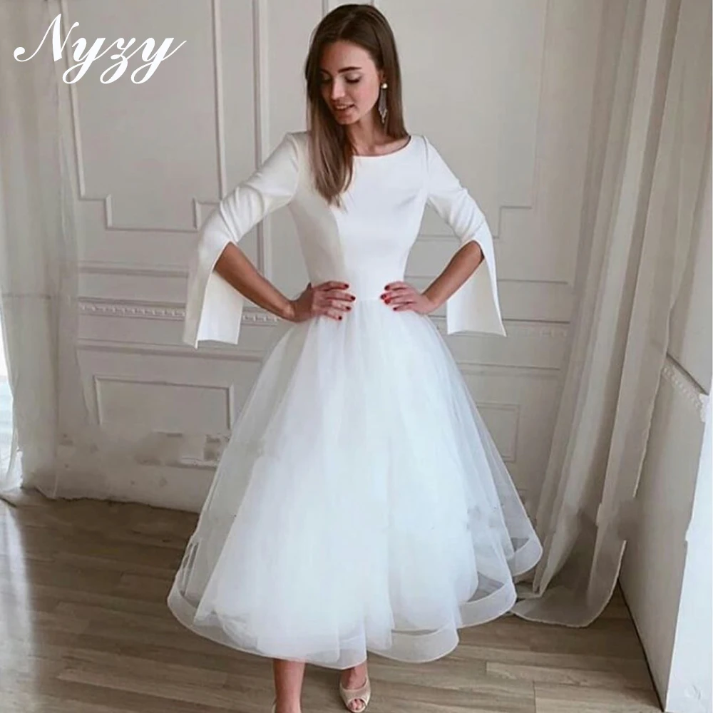 

NYZY W67 Elegant Simple Long Sleeves Puffy Ball Gown Short Wedding Dresses 2025 Engagement Party Gowns Customized